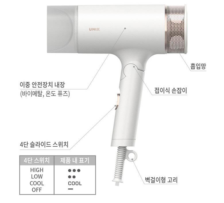 유닉스 1700W 접이식 헤어 드라이어, UN-A1690, 화이트골드 제품 이미지 4